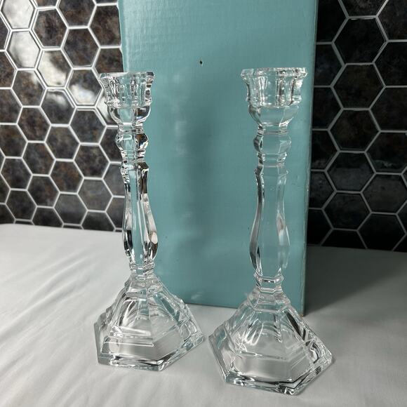 Tiffany & Co Crystal Hampton 9" Candlesticks Candle Holder Pair Set Of 2 - Picture 1 of 5